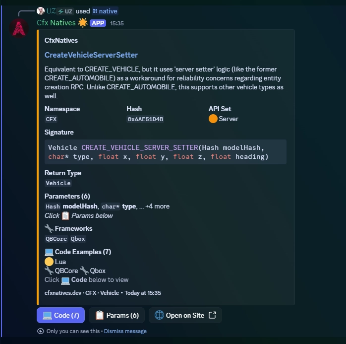 CfxNatives Discord bot showing native documentation lookup in chat