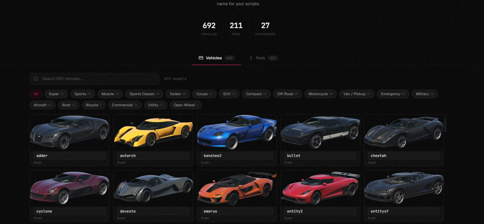 CfxNatives vehicle and ped models page with preview images