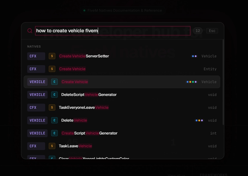 CfxNatives native search interface showing instant results